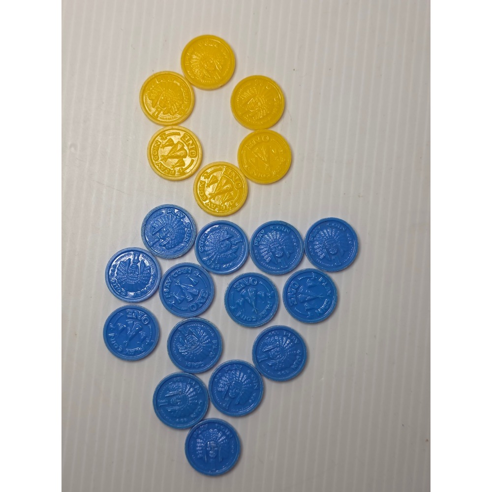 Vintage Plastic Play Coins Lot Native American Toy Coins Blue Yellow